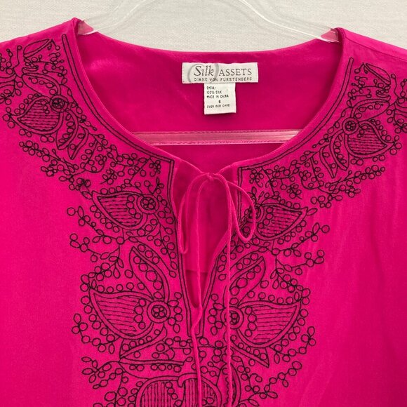 Silk Assets Diane Von Furstenberg Pink Black Embroidered Silk Relaxed Top Small - Picture 3 of 9